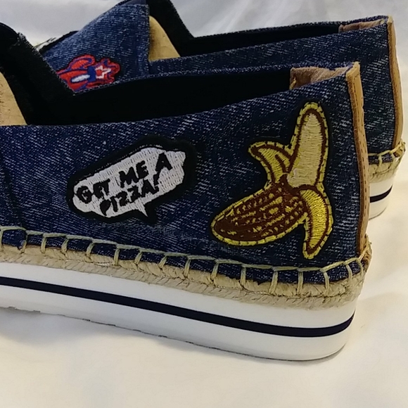 Denim Slip On Espadrille "LOVE" "GET ME A PIZZA" - Picture 5 of 11